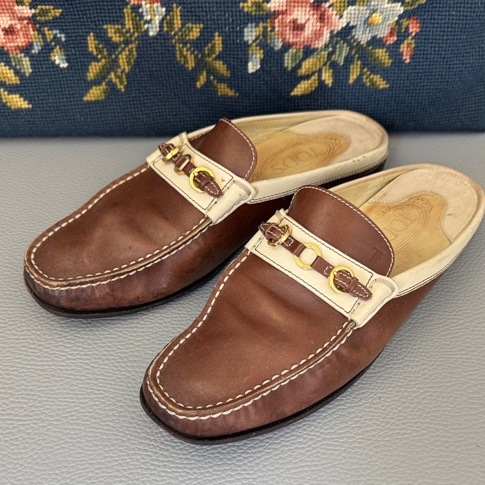 TOD’S LEATHER BROWN & CREAM SLIP ON MULES SHOES BUCKLE BIT SIZE EU40.5 US10.5